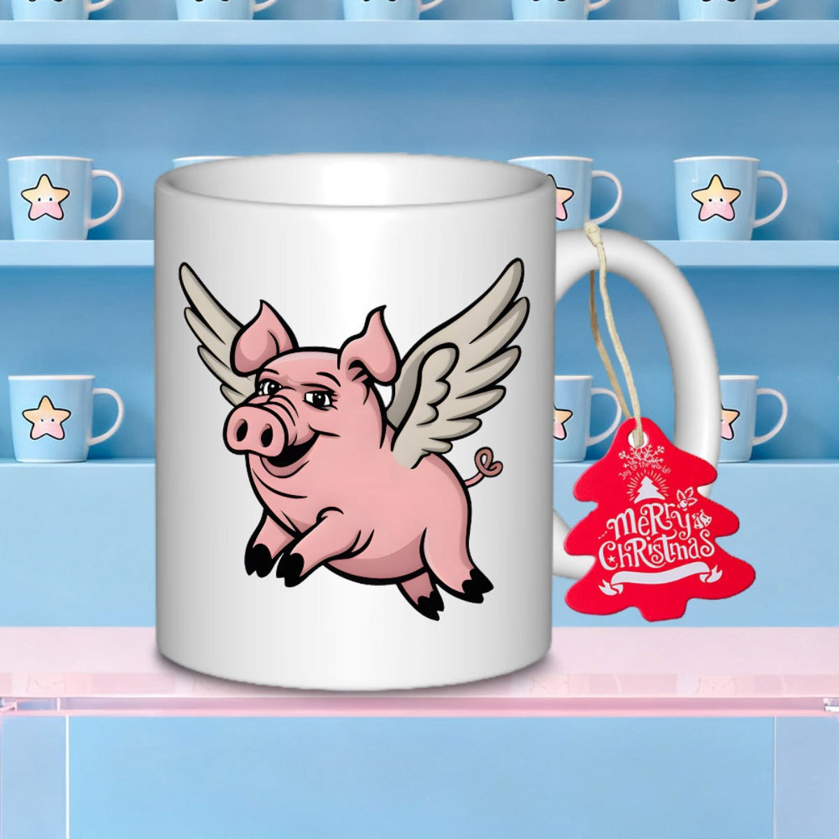 Tailorly White Ceramic 11 oz Mug - Merry Christmas Joyful Pink Cartoon Animal Soaring With Large White Feathery Wings Pig