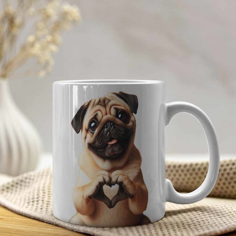Tailorly White Ceramic 11 oz Mug - Cute Adorable Dog With Paws Forming A Heart In Soft Lighting Pug