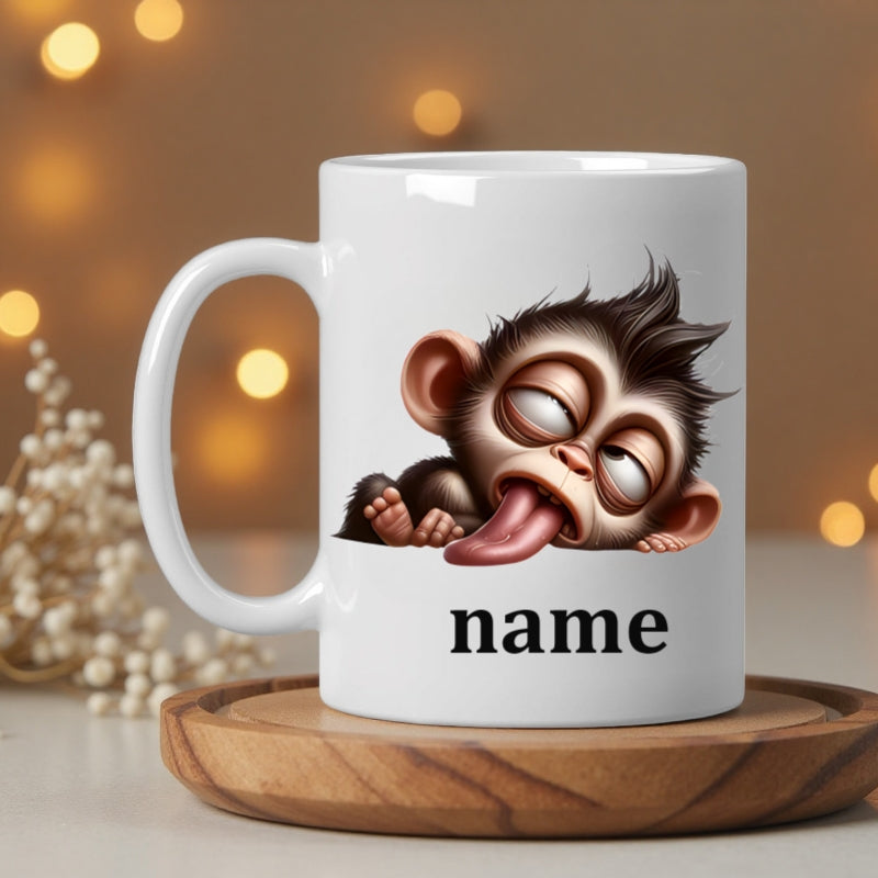 Tailorly White Ceramic 11 oz Mug - Name Exhausted Cartoon Primate Resting On Flat Surface With Tongue Out Monkey