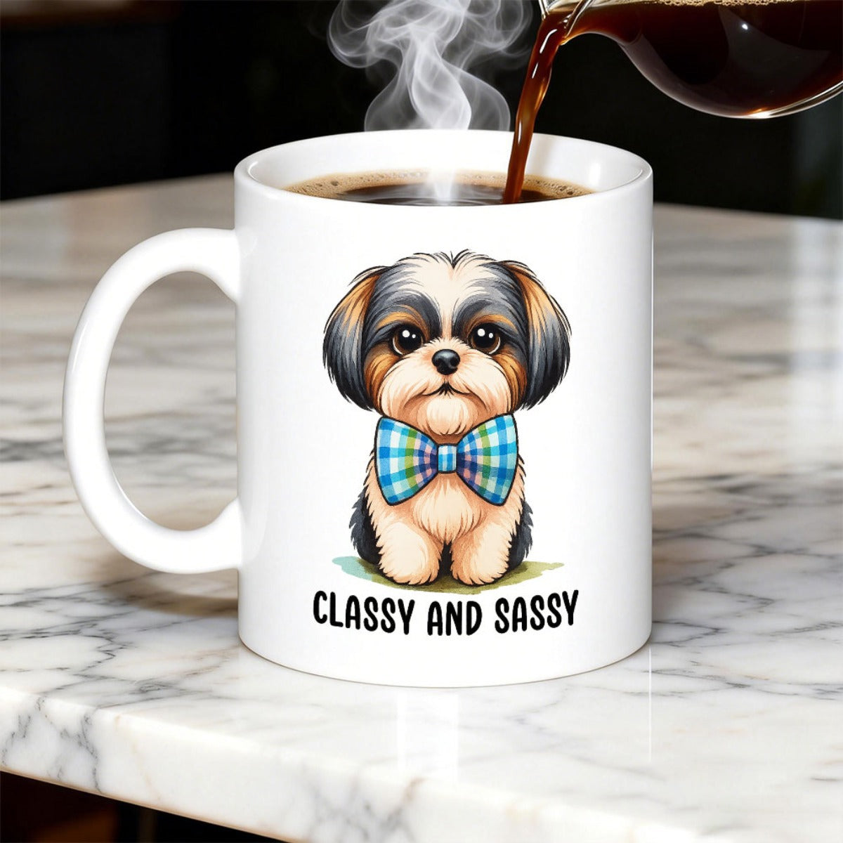 Tailorly White Ceramic 11 oz Mug - Classy And Sassy Adorable Shih Tzu Puppy Wearing A Blue Plaid Bowtie Dog