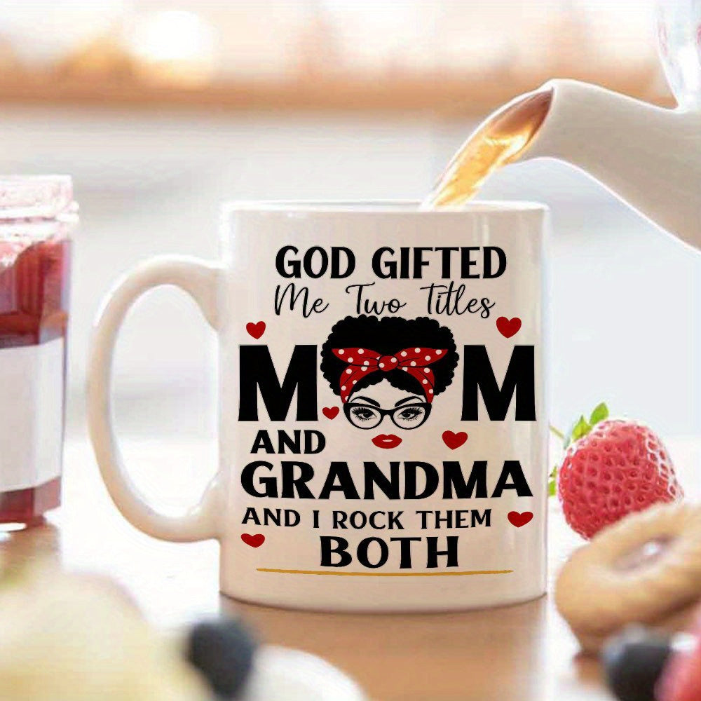 Tailorly White Ceramic 11 oz Mug - God Gifted Me Two Titles Mom And Grandma And I Rock Them Both Graceful Woman Wearing Polka Dot Headband Surrounded By Floating