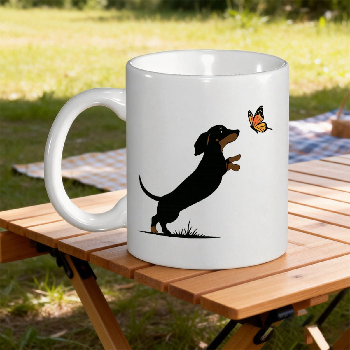 Tailorly White Ceramic 11 oz Mug - Playful Black And Tan Silhouette Reaching For A Tiny Orange Butterfly Dachshund