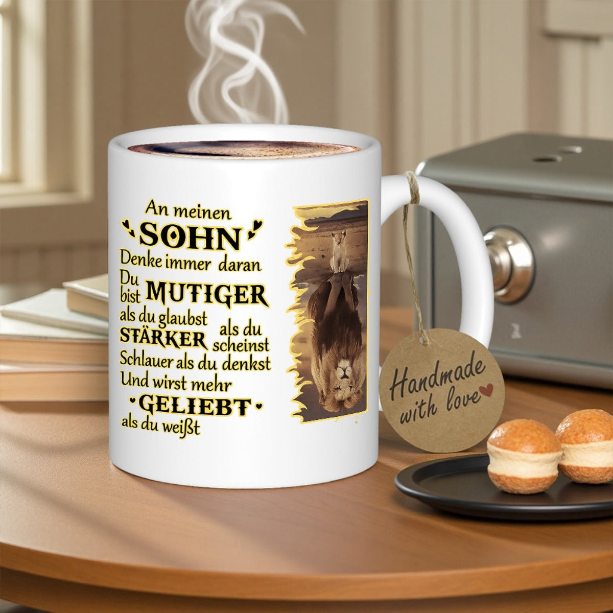 Tailorly White Ceramic 11 oz Mug - Handmade With Love Majestic Golden Wilderness Landscape Reflecting A Brave Small Cub King Lion