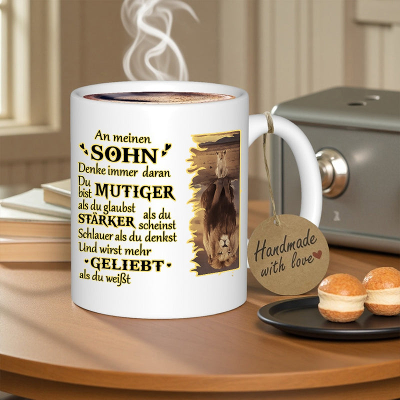 Tailorly White Ceramic 11 oz Mug - Handmade With Love Majestic Golden Wilderness Landscape Reflecting A Brave Small Cub King Lion
