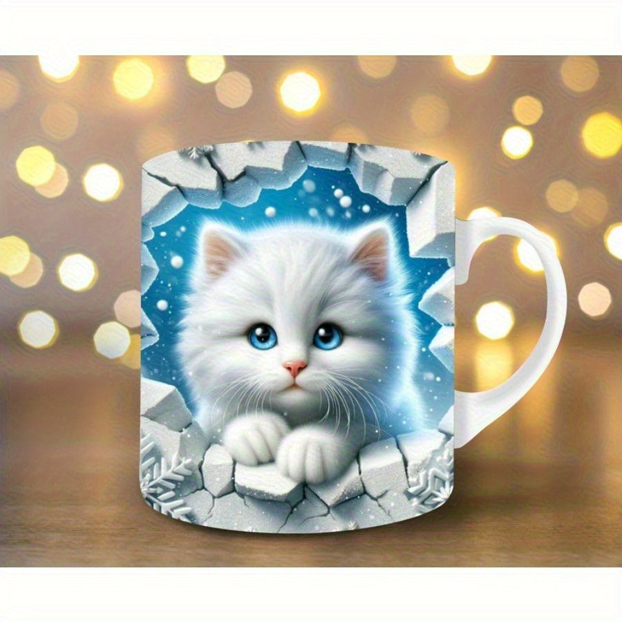 Tailorly White Ceramic 11 oz Mug - Adorable Fluffy White Kitten Peeking Through Cracked Ice With Blue Eyes Cat