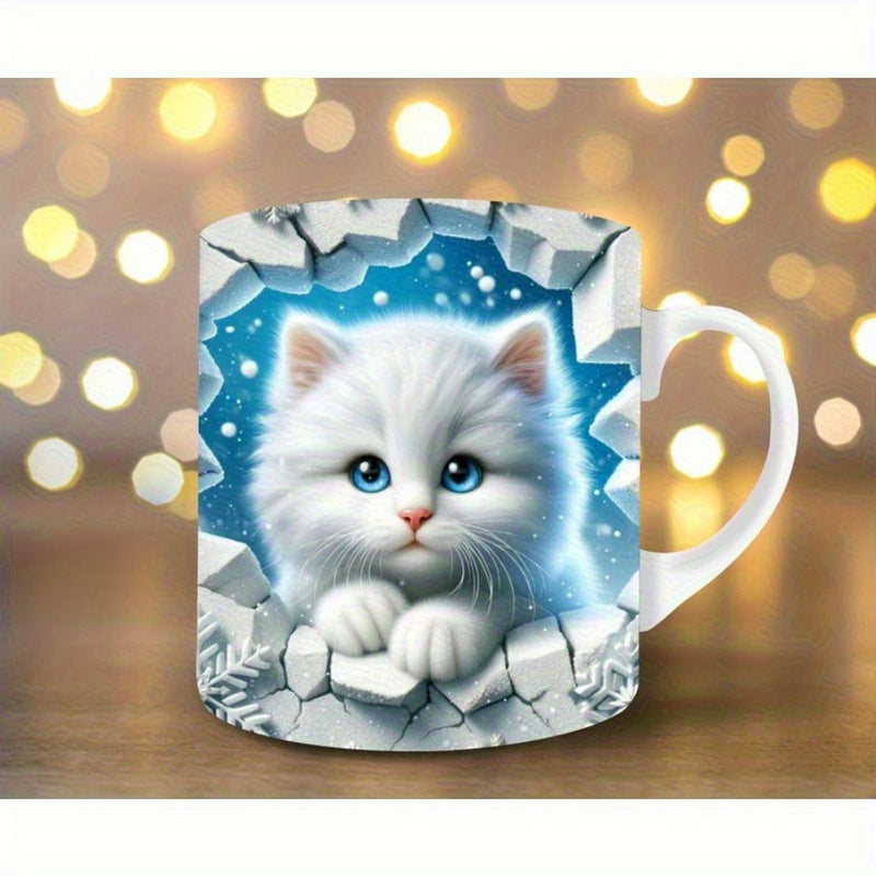 Tailorly White Ceramic 11 oz Mug - Adorable Fluffy White Kitten Peeking Through Cracked Ice With Blue Eyes Cat