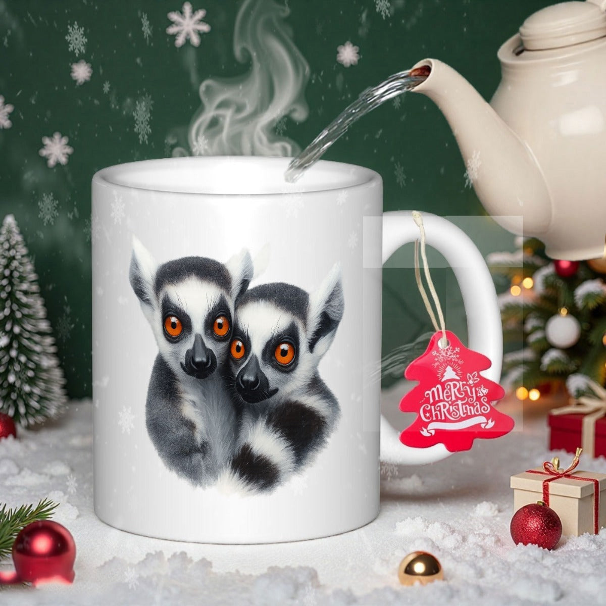 Tailorly White Ceramic 11 oz Mug - Merry Christmas Two Adorable Ring Tailed Lemurs Huddled Together With Expressive Golden Eyes Lemur