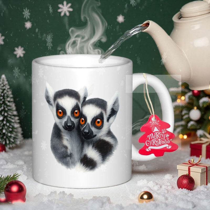Tailorly White Ceramic 11 oz Mug - Merry Christmas Two Adorable Ring Tailed Lemurs Huddled Together With Expressive Golden Eyes Lemur