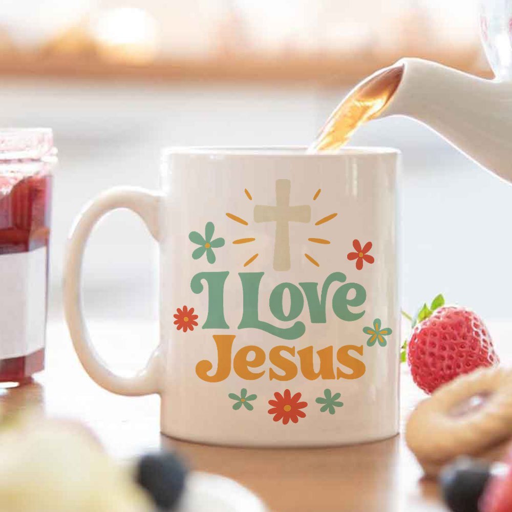Tailorly White Ceramic 11 oz Mug - I Love Jesus Retro Vintage Inspired With Tiny Colorful Flowers Spiritual Cross