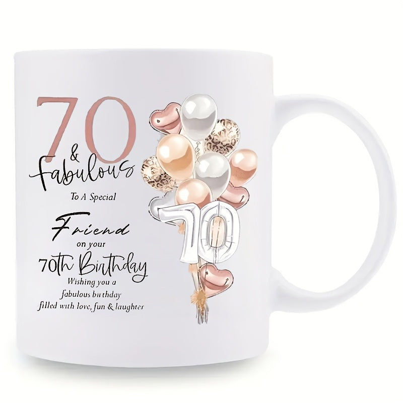 Tailorly White Ceramic 11 oz Mug - 70 And Fabulous Rose Gold And Champagne Balloons Floating Beside Elegant Script Typography Mug