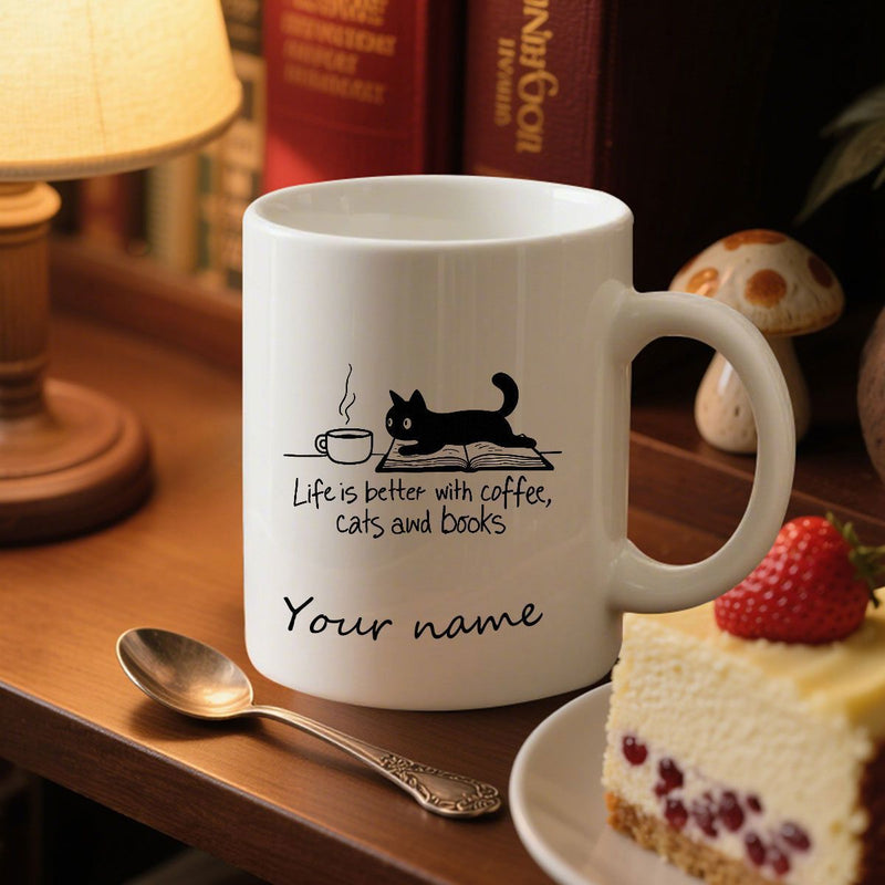 Tailorly White Ceramic 11 oz Mug - Life Is Better With Coffee Cats And Books Your Name Minimalist Black Silhouette Resting On Open Book Beside Hot Coffee Cat