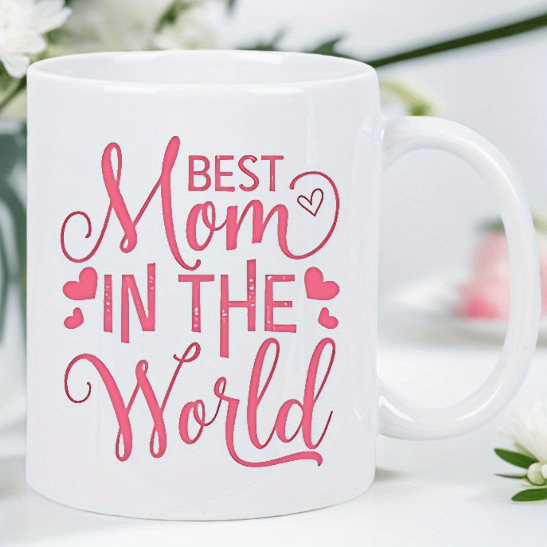 Tailorly White Ceramic 11 oz Mug - Best Mom In The World Delicate Pink Calligraphy Script With Tiny Charming Hearts Around Message Mug