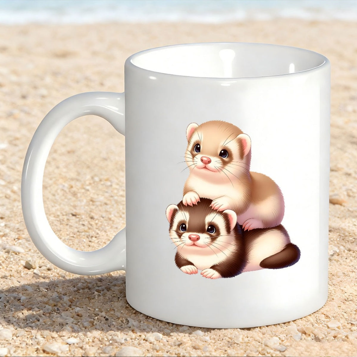 Tailorly White Ceramic 11 oz Mug - Adorable Fluffy Little Creatures Playing Together Resting On Each Other Ferrets