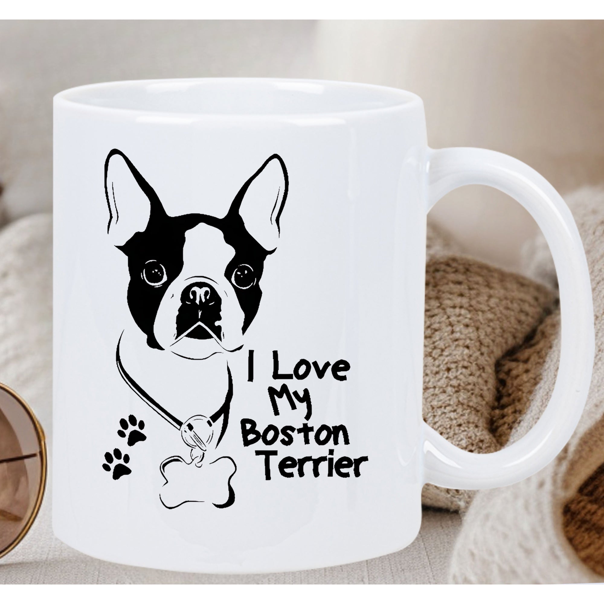 Tailorly White Ceramic 11 oz Mug - I Love My Boston Terrier Minimalist Hand Drawn Artistic Sketch With Bone Collar And Paws Boston Terrier
