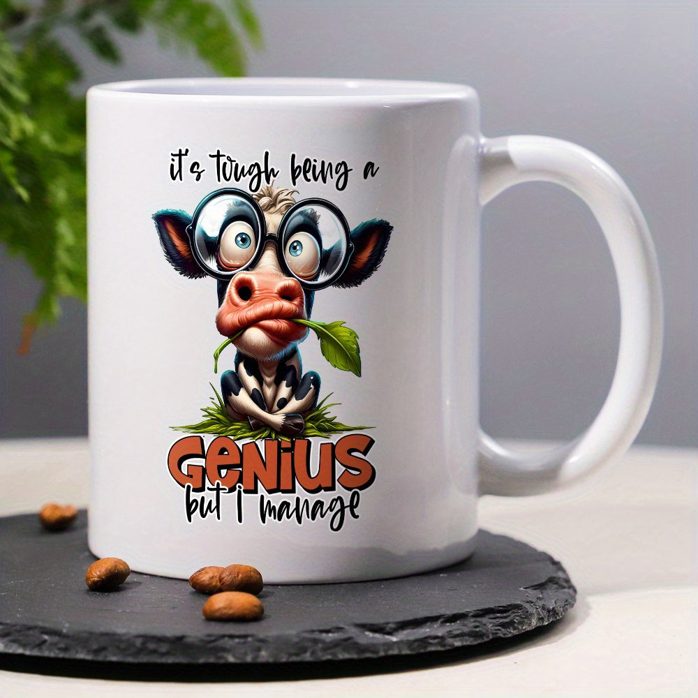 Tailorly White Ceramic 11 oz Mug - Its Tough Being A Genius But I Manage Adorable Cartoon Cow Wearing Round Glasses Chewing Green Leaf Cow