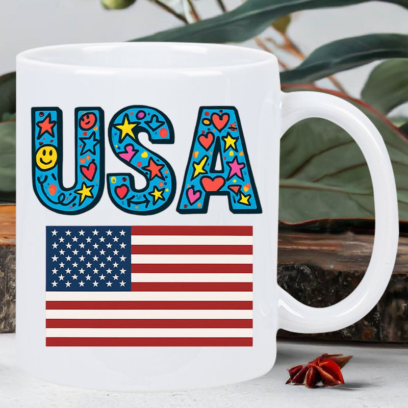 Tailorly White Ceramic 11 oz Mug - USA Vibrant American Flag With Artistic Doodle Elements Inside Large Block Letters Flag