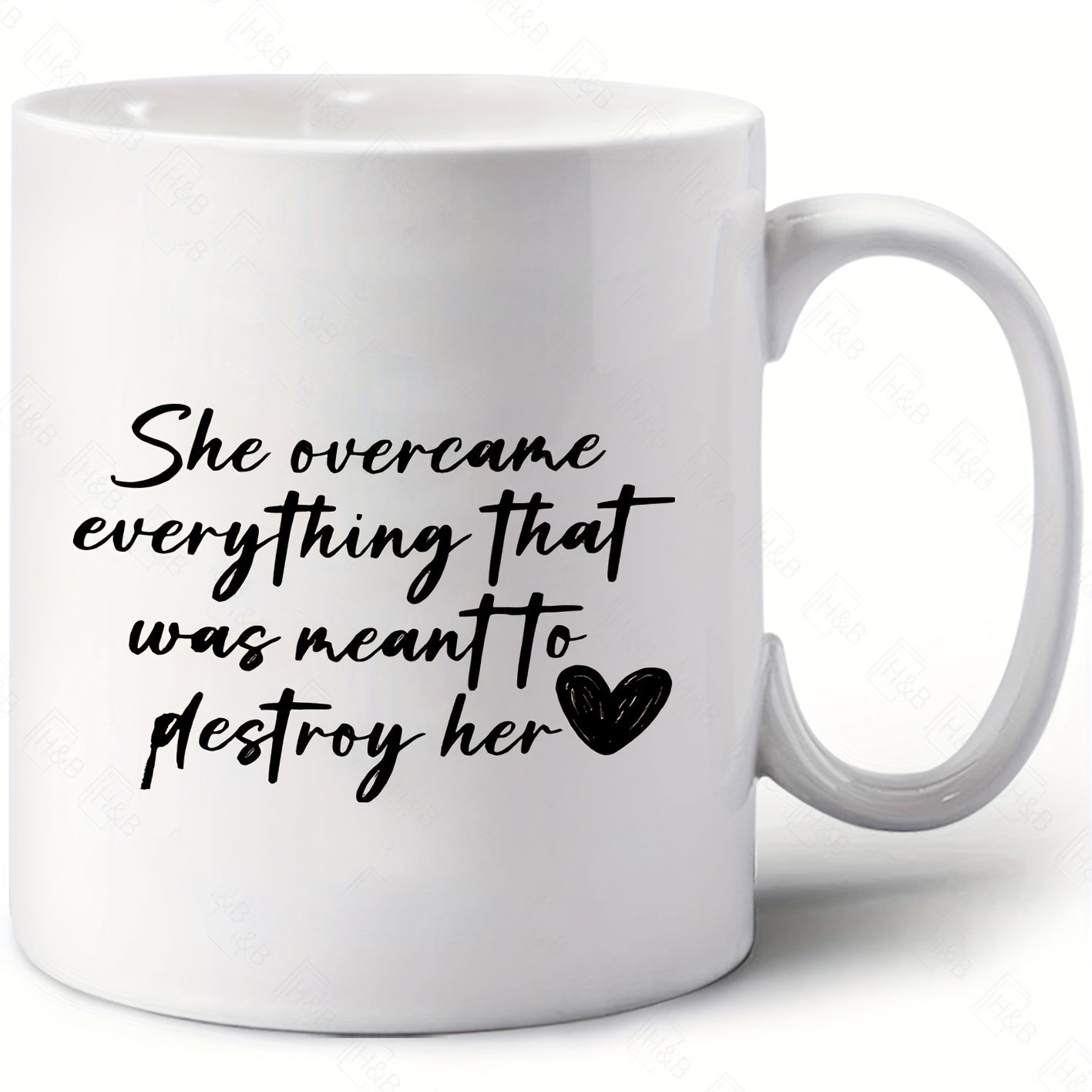 Tailorly White Ceramic 11 oz Mug - She Overcame Everything That Was Meant To Destroy Her Simple Black Heart Shape Centered On A Glossy White Finish Surface Mug