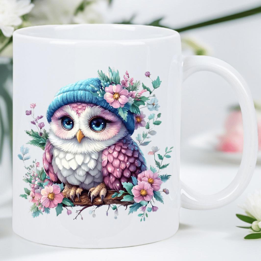 Tailorly White Ceramic 11 oz Mug - Charming Little Owl Wearing Knit Blue Hat Among Delicate Pink Flowers Owl