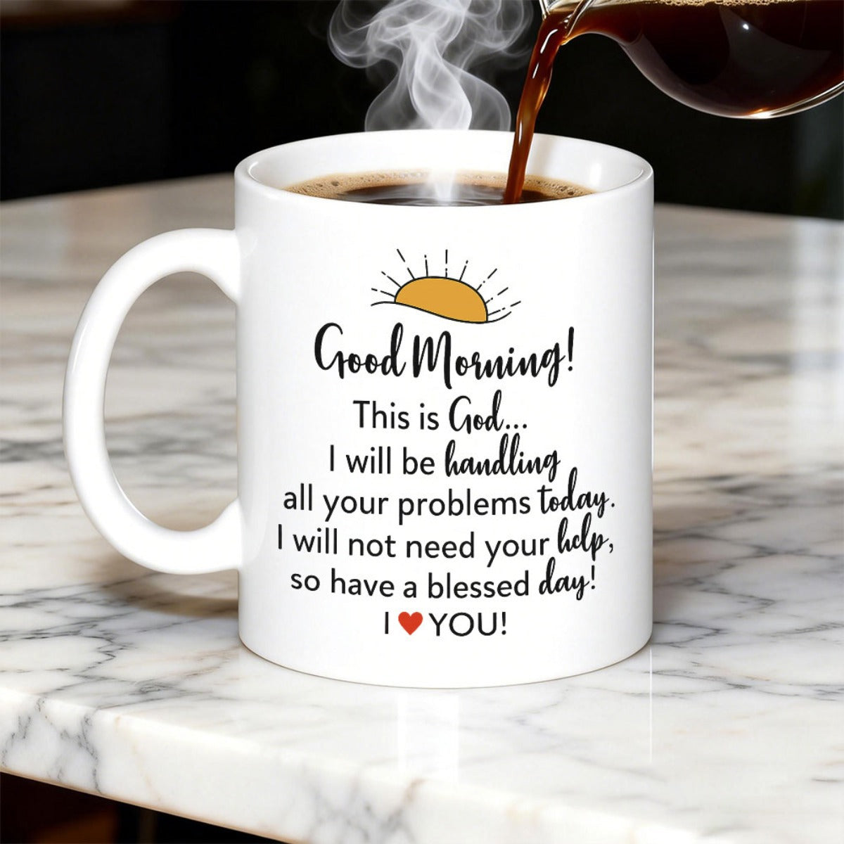 Tailorly White Ceramic 11 oz Mug - Good Morning This Is God I Love You Minimalist Yellow Rising Sun Shining Above Elegant Script Lettering Decorative Mug