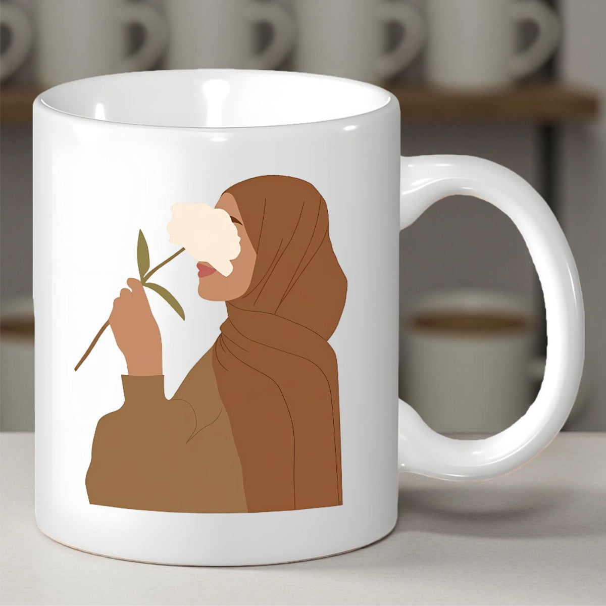Tailorly White Ceramic 11 oz Mug - Minimalist Elegant Muslim Lady Wearing Brown Hijab Holding Delicate White Flower Woman