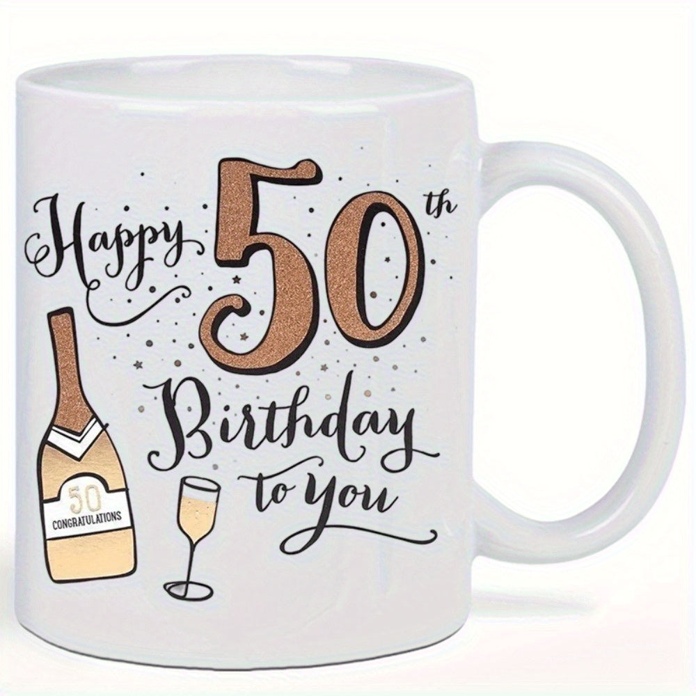 Tailorly White Ceramic 11 oz Mug - Happy 50th Birthday To You Congratulations Elegant Champagne Bottle With Glass Among Golden Glimmering Scattered Confetti Mug