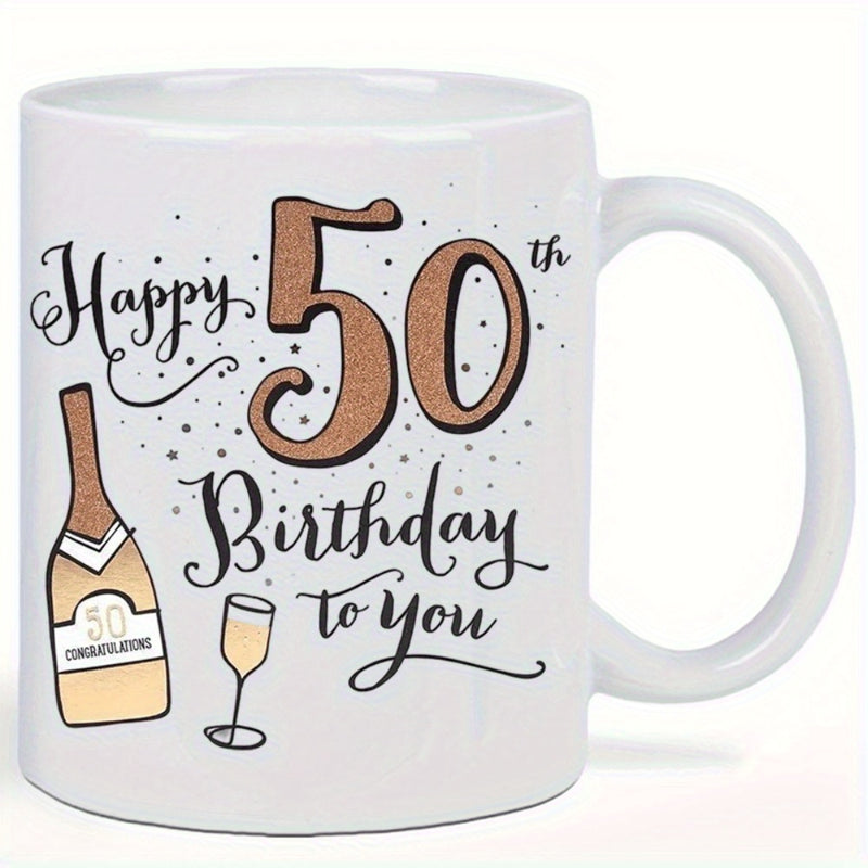 Tailorly White Ceramic 11 oz Mug - Happy 50th Birthday To You Congratulations Elegant Champagne Bottle With Glass Among Golden Glimmering Scattered Confetti Mug