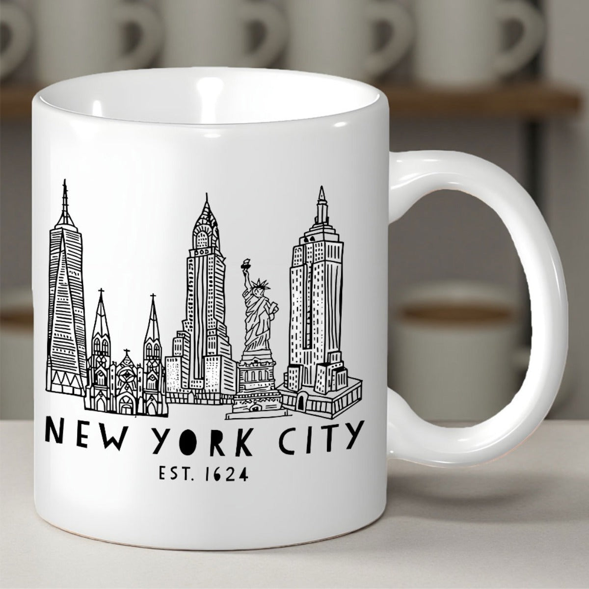 Tailorly White Ceramic 11 oz Mug - New York City Est 1624 Minimalist Black Ink Landmarks Standing Tall Across The Famous Urban Horizon Skyline