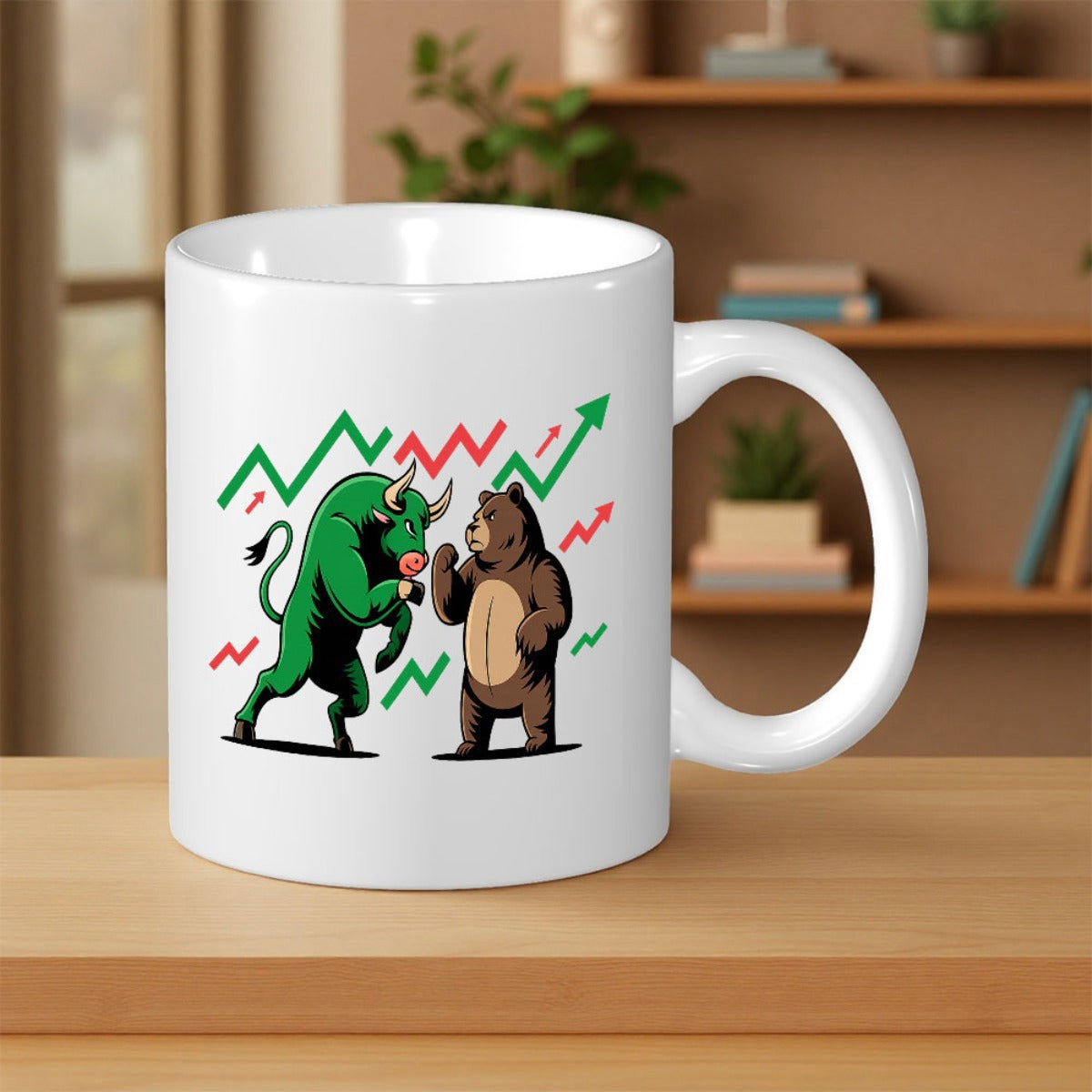 Tailorly White Ceramic 11 oz Mug - Strong Green Bull Facing A Brown Bear Among Rising Market Trend Lines Illustration