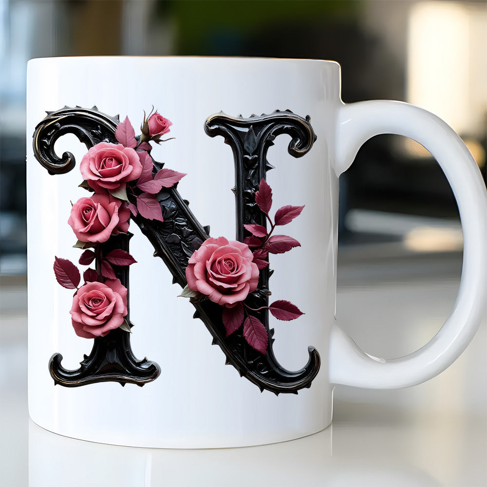 Tailorly White Ceramic 11 oz Mug - Ornate Gothic Black Letter Adorned With Blooming Pink Roses And Leaves Monogram