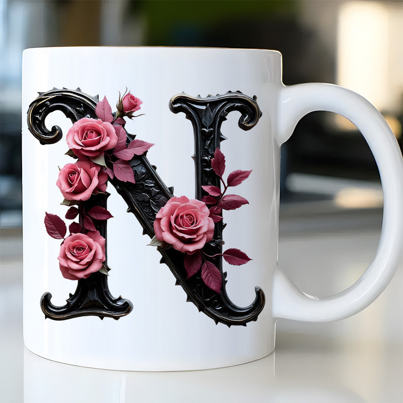 Tailorly White Ceramic 11 oz Mug - Ornate Gothic Black Letter Adorned With Blooming Pink Roses And Leaves Monogram