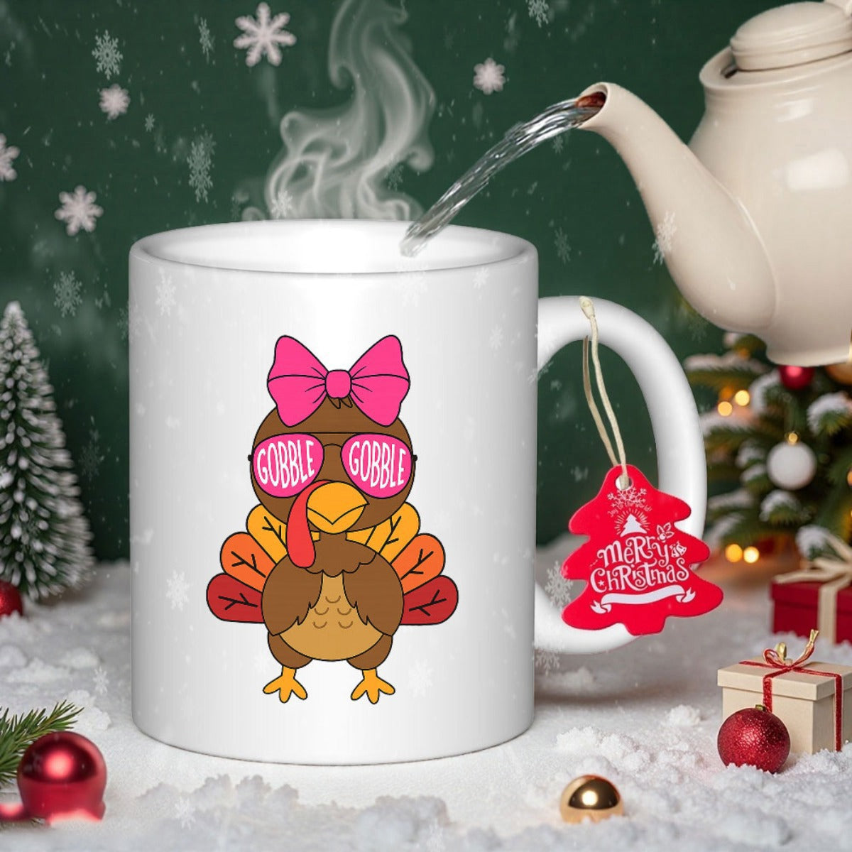 Tailorly White Ceramic 11 oz Mug - Gobble Gobble Cute Festive Cartoon Wearing Pink Bow And Sunglasses Turkey