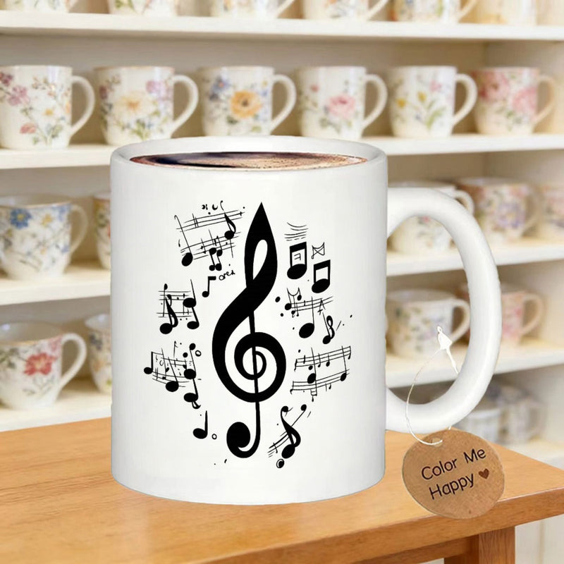 Tailorly White Ceramic 11 oz Mug - Musical Notes Floating Gracefully Around A Large Black Decorative Artistic Treble Clef