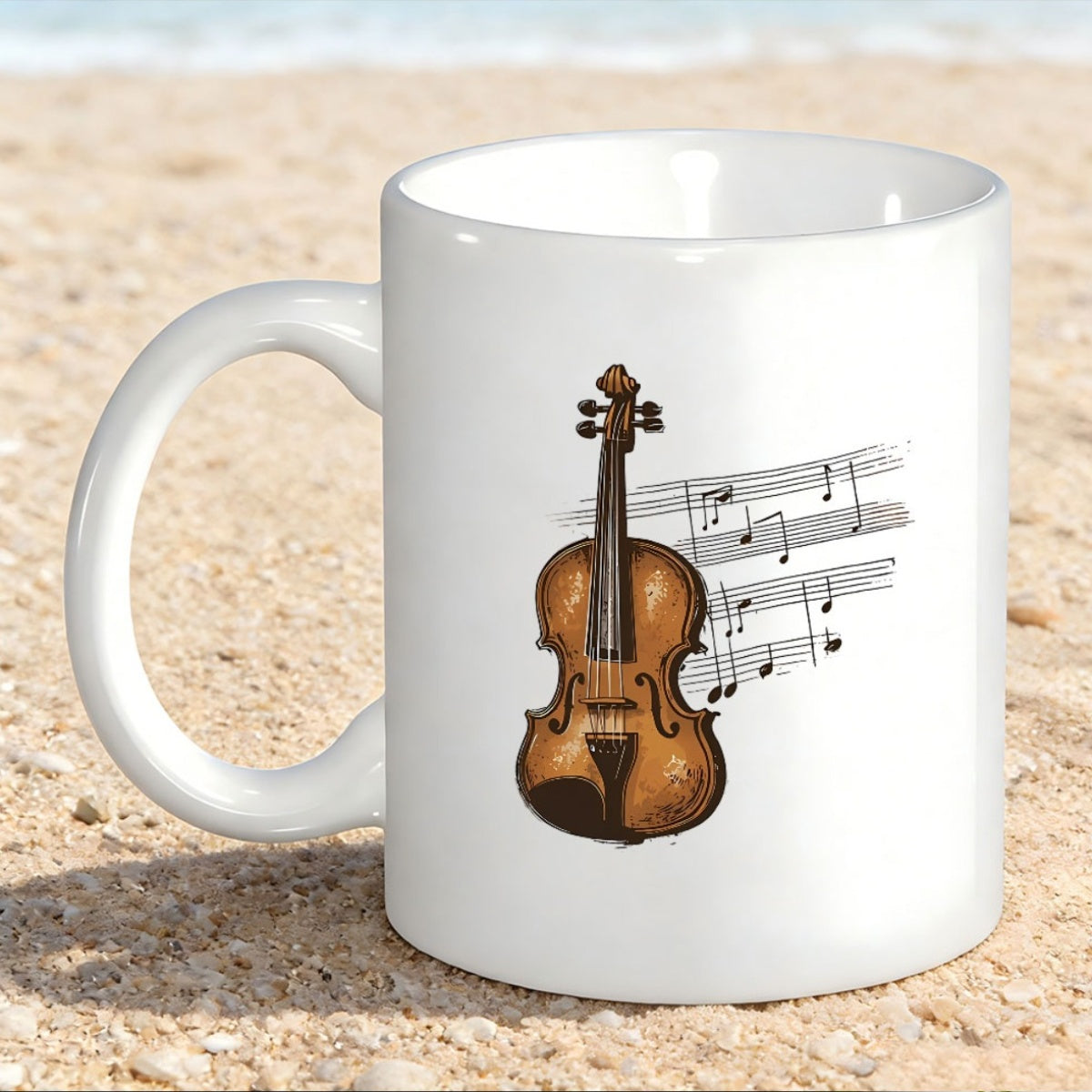 Tailorly White Ceramic 11 oz Mug - Classic Wooden Musical Instrument With Floating Melodic Staff Notes On White Violin