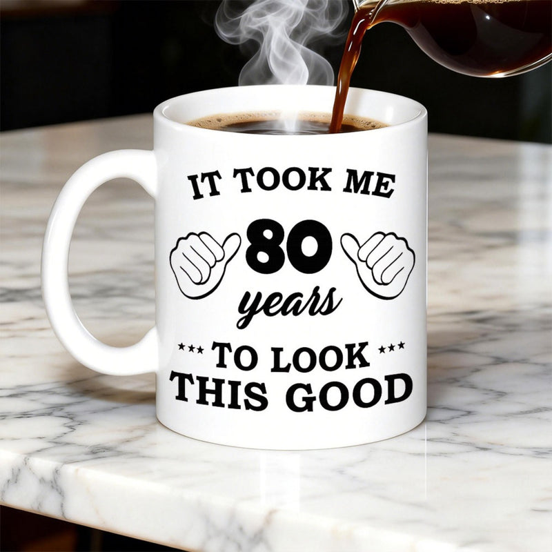 Tailorly White Ceramic 11 oz Mug - It Took Me 80 Years To Look This Good Minimalist Line Drawing Of Hands Pointing To Bold Achievement Age Mug
