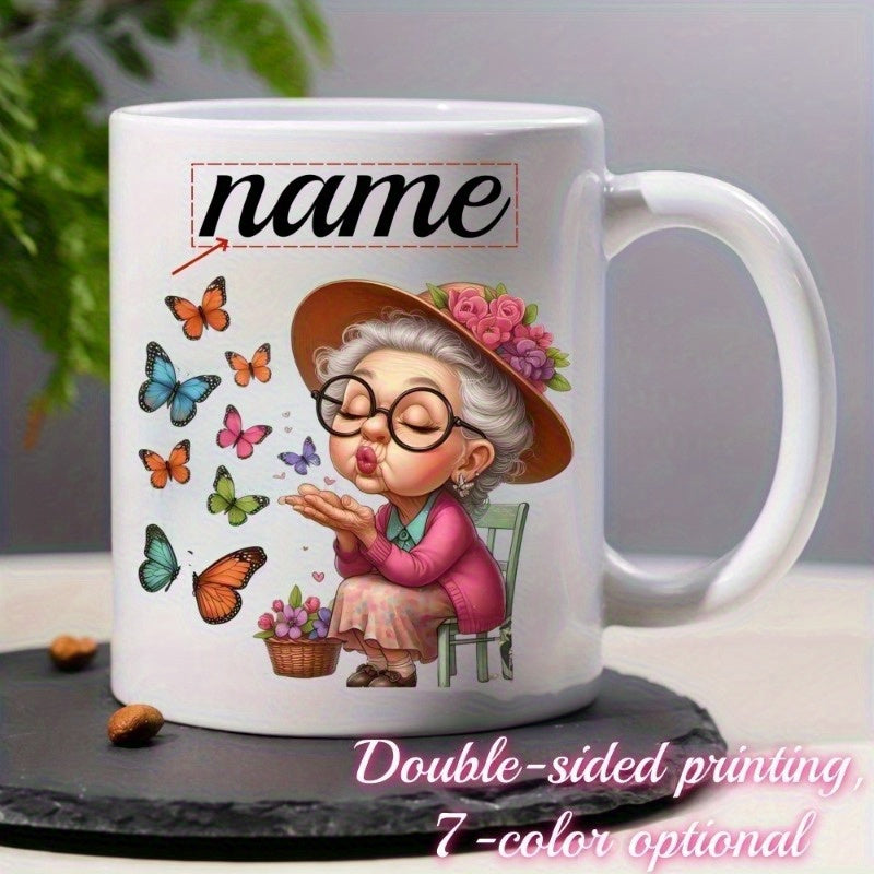 Tailorly White Ceramic 11 oz Mug - Name Kind Elderly Lady Blowing Kisses Among Colorful Butterflies And Blooming Flowers Grandma