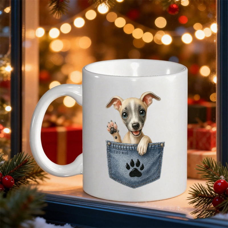 Tailorly White Ceramic 11 oz Mug - Adorable Grey Puppy Peeking From Denim Pocket Under Festive Holiday Glowing Lights Puppy