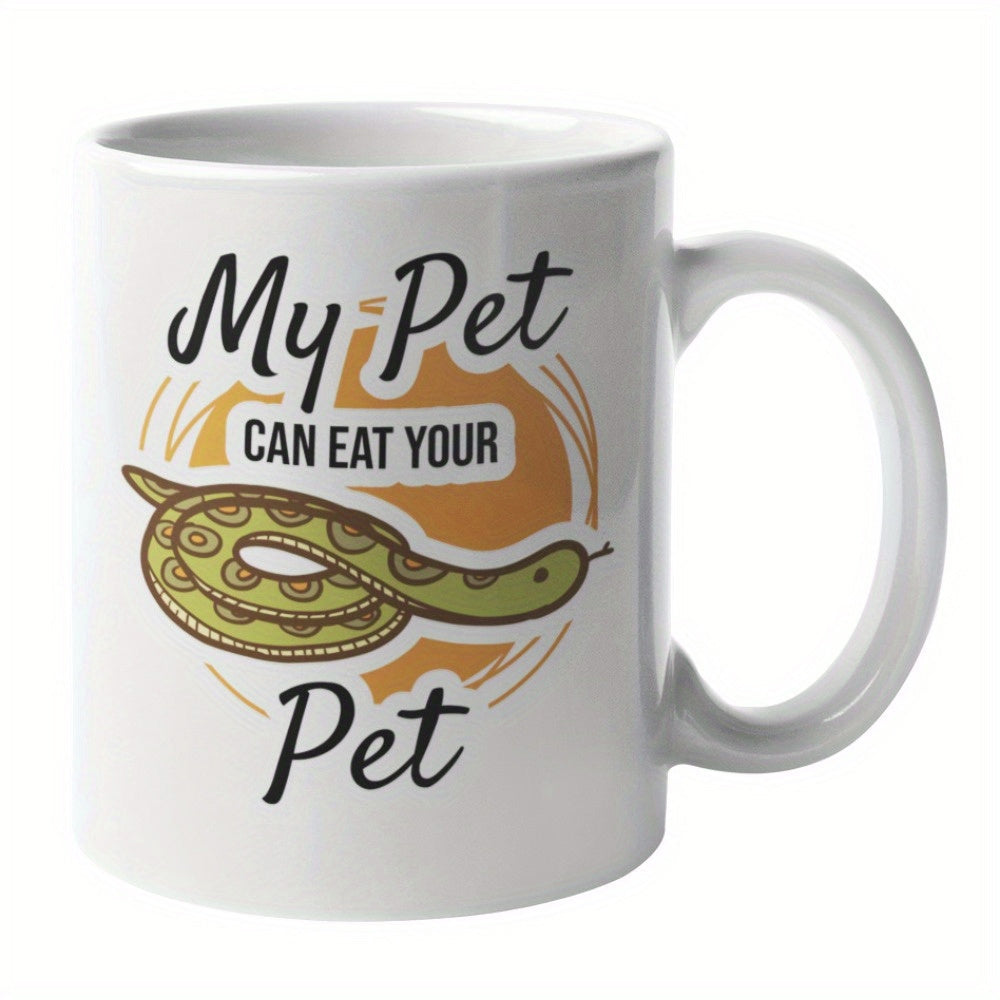 Tailorly White Ceramic 11 oz Mug - My Pet Can Eat Your Pet Green Coiled Serpent Resting Against Vibrant Textured Orange Circular Background Sun Snake
