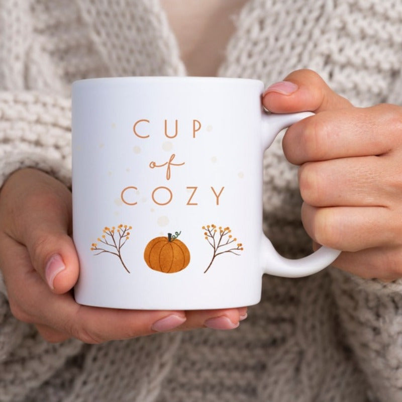 Tailorly White Ceramic 11 oz Mug - Cup Of Cozy Small Orange Autumn Harvest Illustration With Dried Floral Sprigs Pumpkin