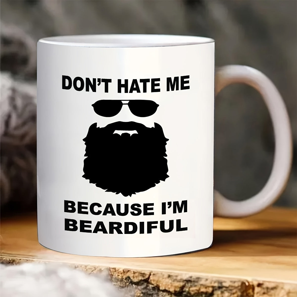 Tailorly White Ceramic 11 oz Mug - Dont Hate Me Because Im Beardiful Stylized Black Silhouette Of Aviator Sunglasses Above A Thick Rugged Masculine Beard