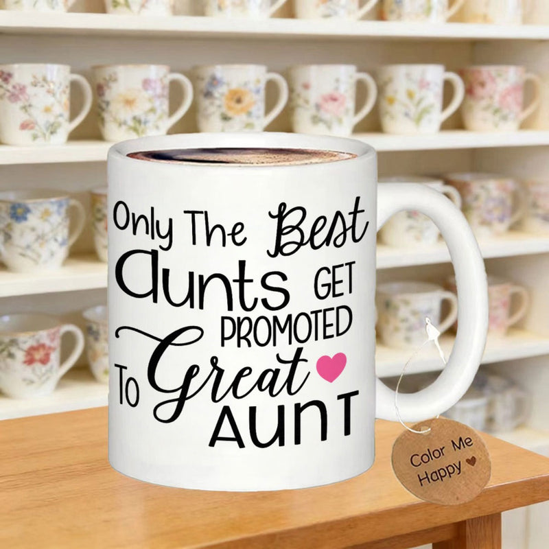 Tailorly White Ceramic 11 oz Mug - Only The Best Aunts Get Promoted To Great Aunt White Ceramic Coffee Cup With Black Typography And Heart Mug