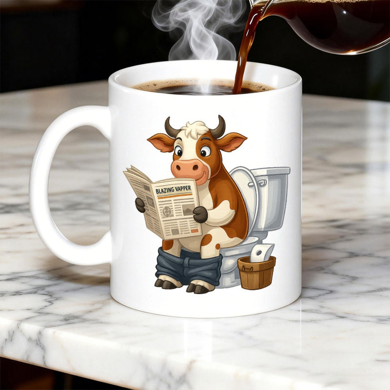 Tailorly White Ceramic 11 oz Mug - Whimsical Brown And White Cartoon Character Reading Newspaper On Toilet Cow