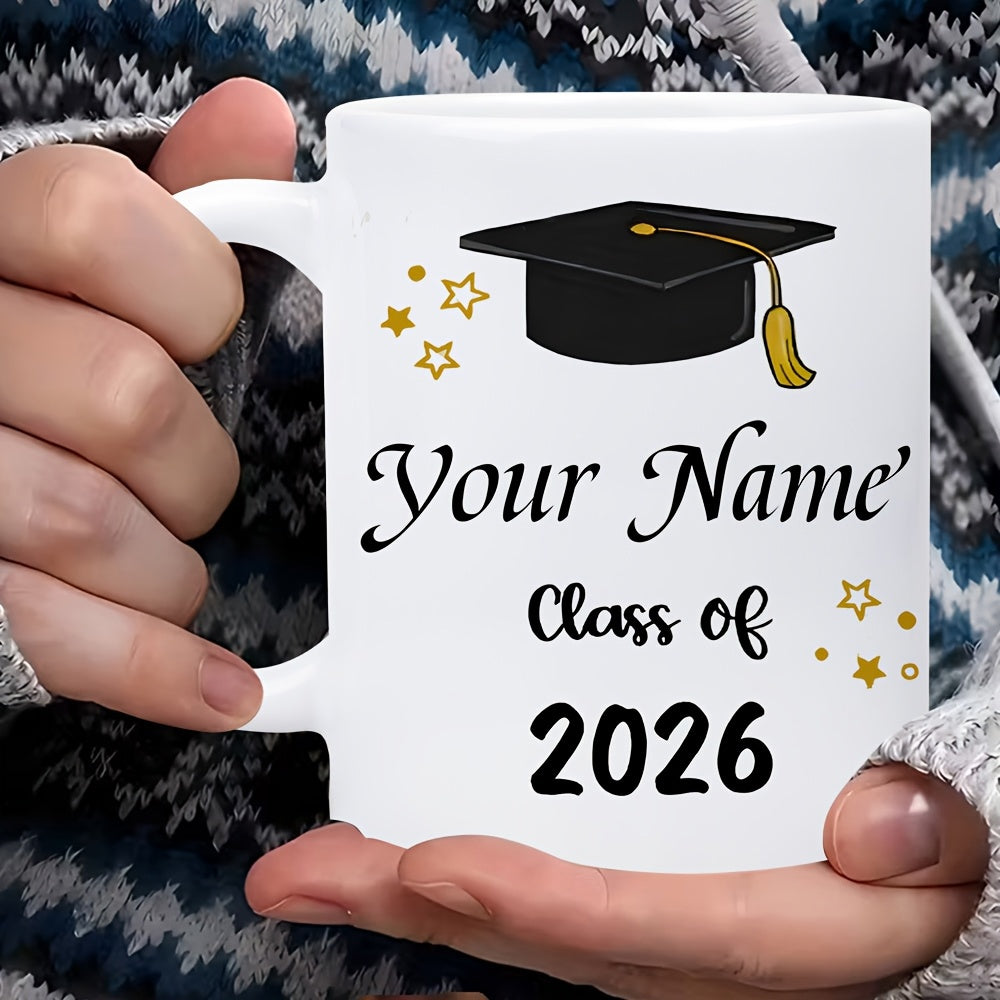 Tailorly White Ceramic 11 oz Mug - Your Name Class Of 2026 Elegant Black Graduation Cap With Golden Tassel And Stars Mortarboard