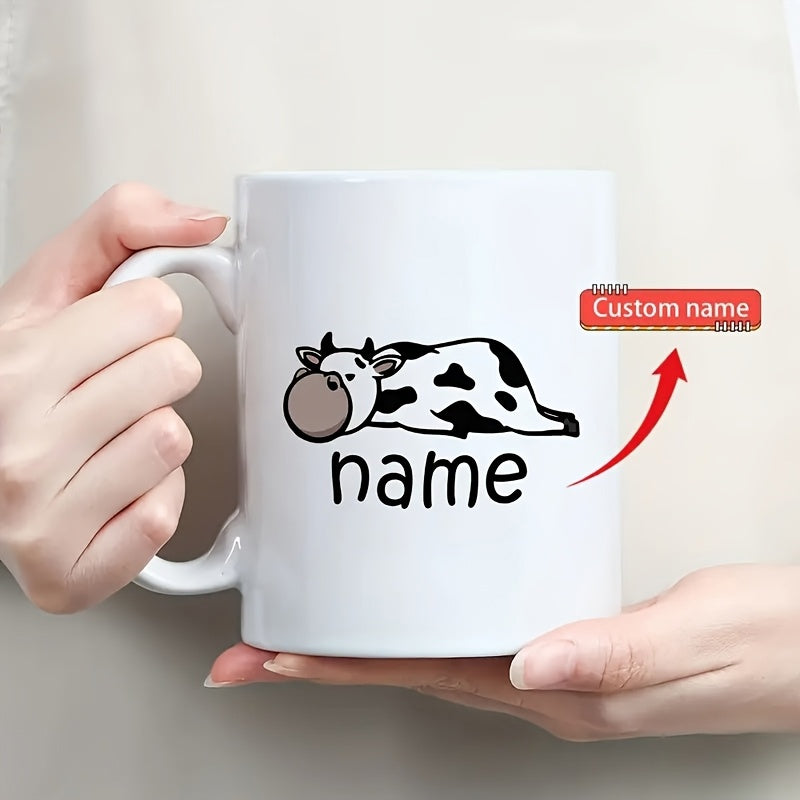 Tailorly White Ceramic 11 oz Mug - Name Lazy Cartoon Spotted Dairy Animal Resting On A Flat Surface Cow