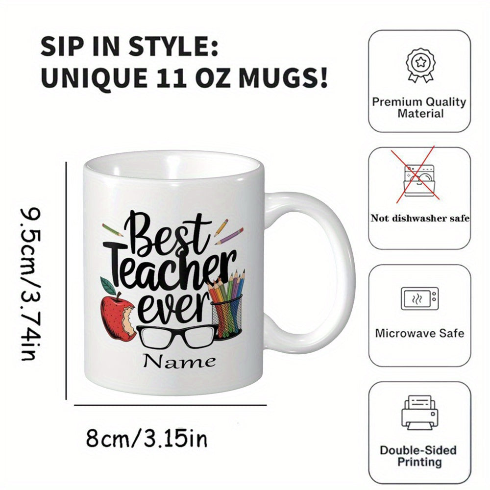 Tailorly White Ceramic 11 oz Mug - Best Teacher Ever Hand Drawn School Elements With Red Apple And Scholar Style Glasses