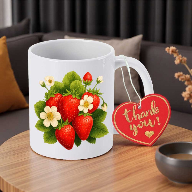 Tailorly White Ceramic 11 oz Mug - Thank You Vibrant Red Garden Berries With Lush Green Leaves And Delicate White Flowers Strawberry