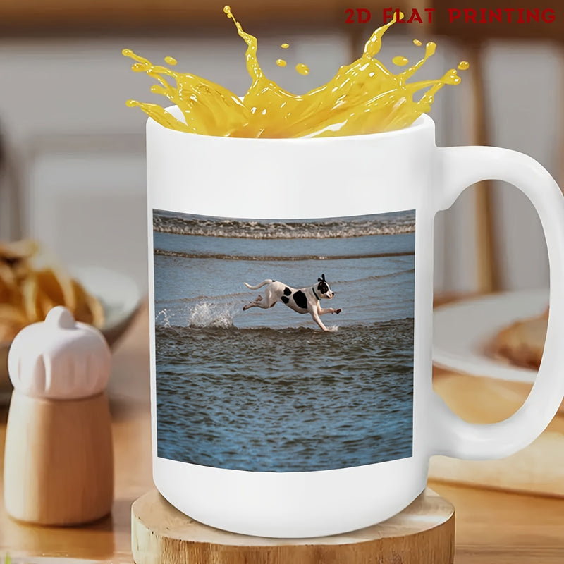 Tailorly White Ceramic 11 oz Mug - Energetic Spotted Pointer Sprinting Across Rippling Shallow Coastal Beach Water Dog