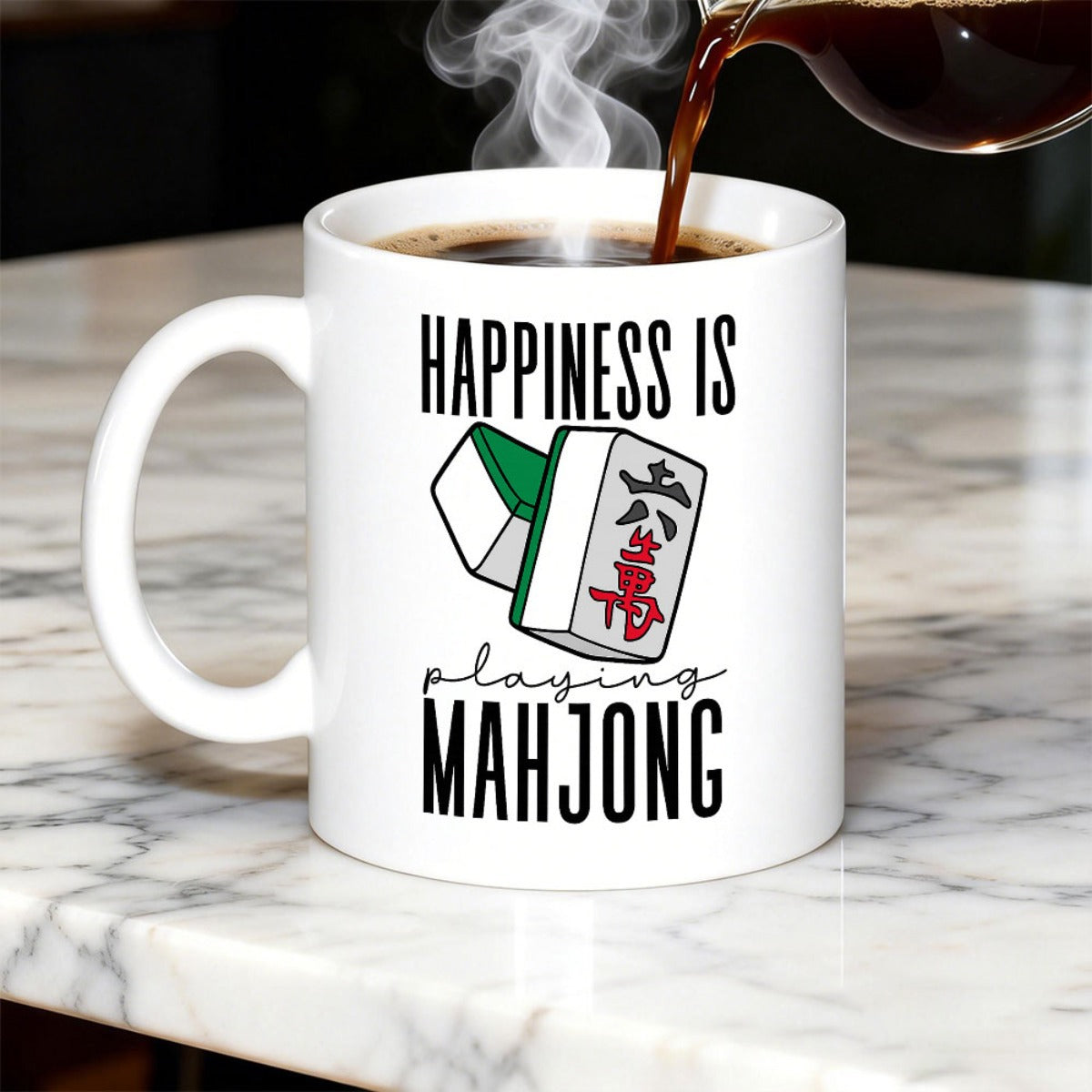 Tailorly White Ceramic 11 oz Mug - Happiness Is Playing Mahjong Classic Green Backed Gaming Tiles Representing Traditional Strategy Play Mahjong