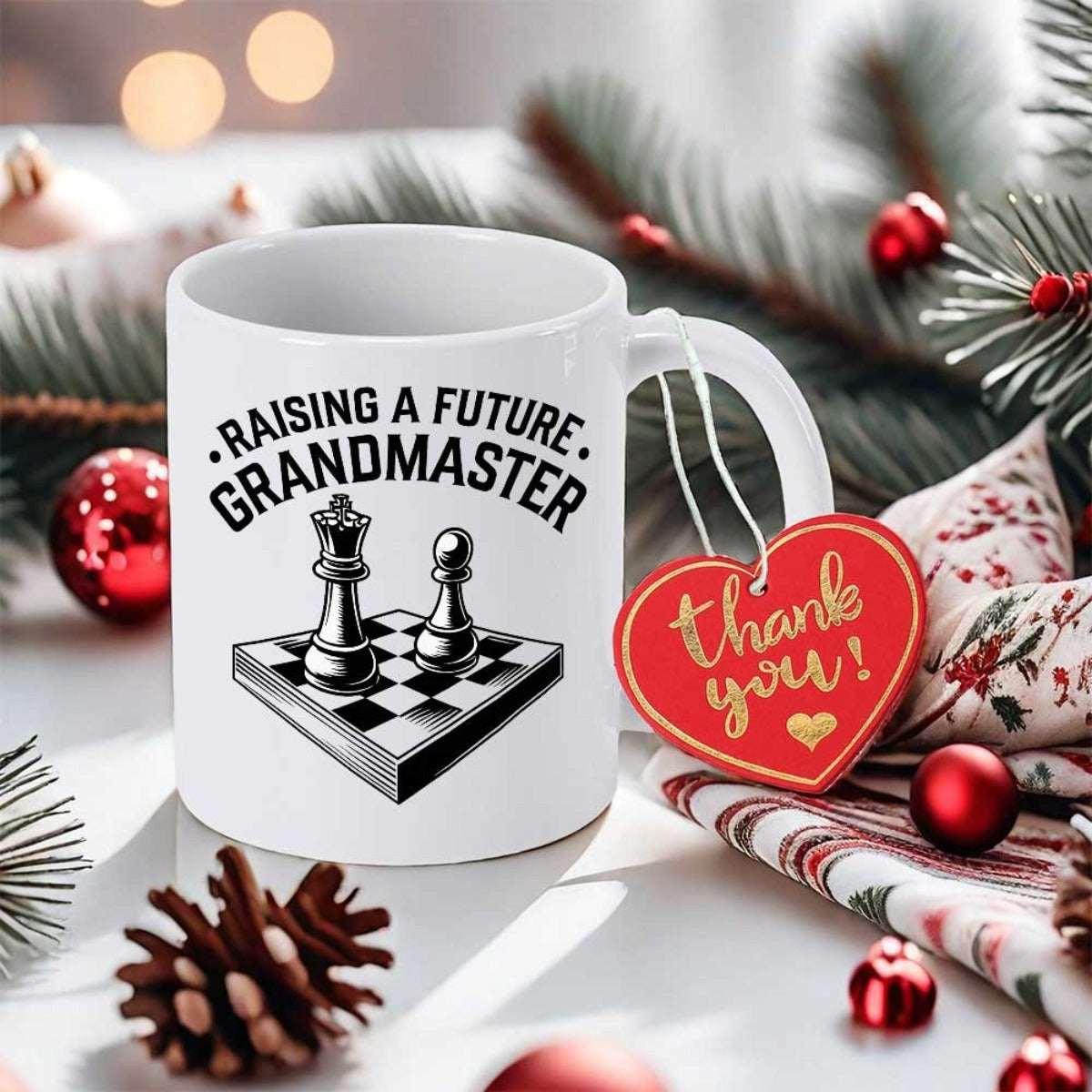Tailorly White Ceramic 11 oz Mug - Raising A Future Grandmaster Minimalist Three Dimensional Design With Polished King And Pawn Pieces Chessboard
