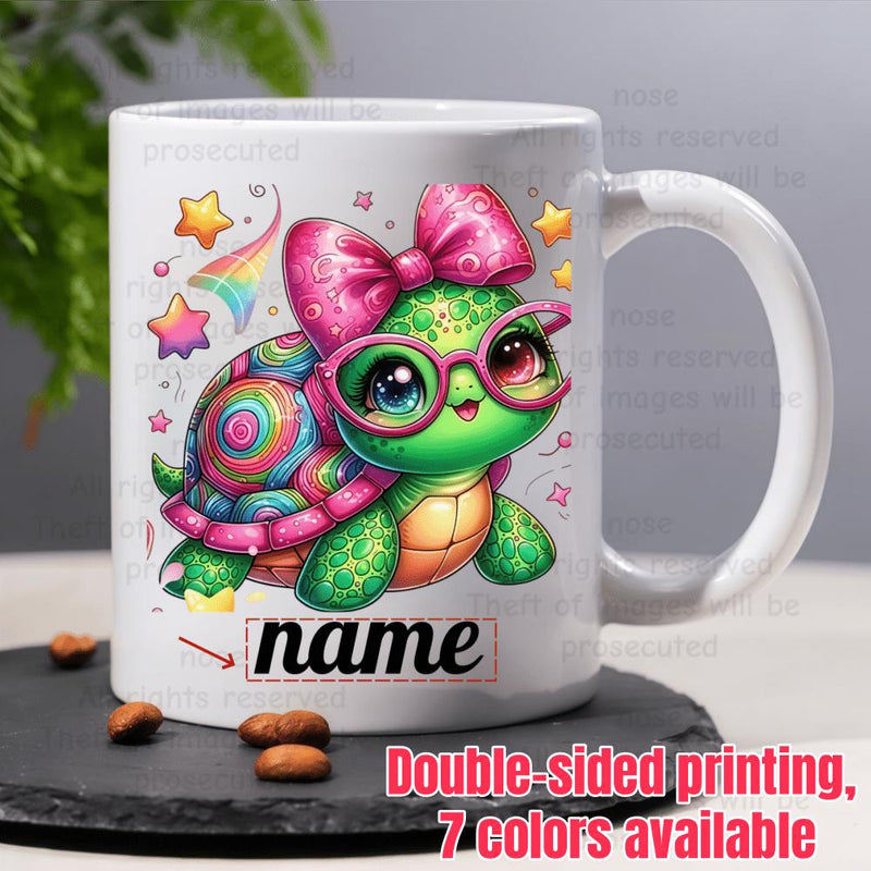 Tailorly White Ceramic 11 oz Mug - Name Adorable Sea Creature Wearing Pink Bow And Glasses Among Twinkling Stars Turtle