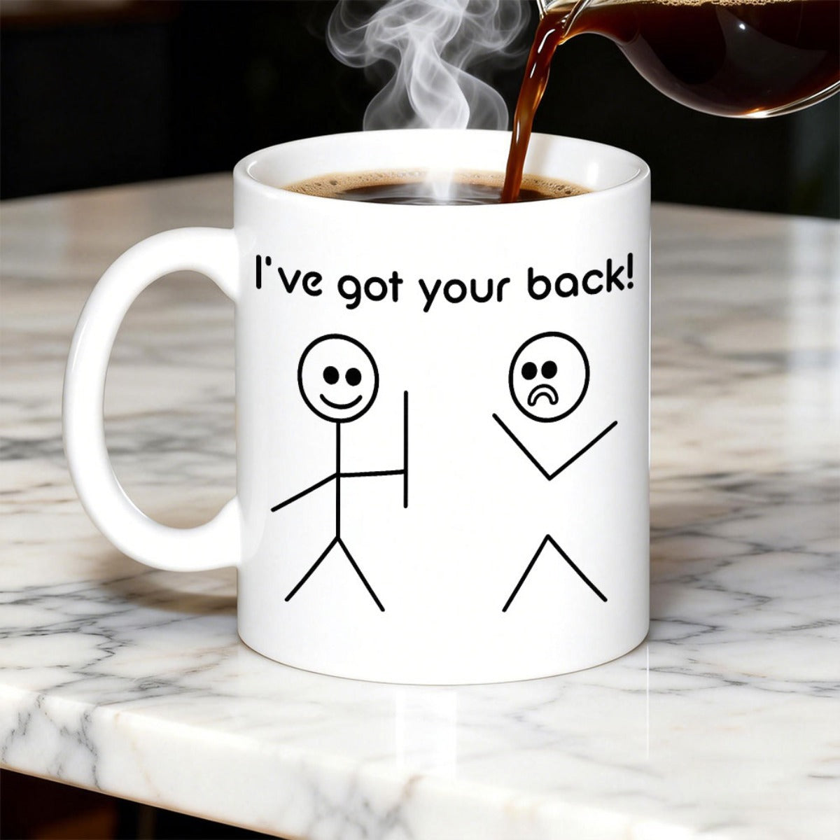 Tailorly White Ceramic 11 oz Mug - Ive Got Your Back Simple Stick Figures Standing Together With Playful Humorous Puns Stickman